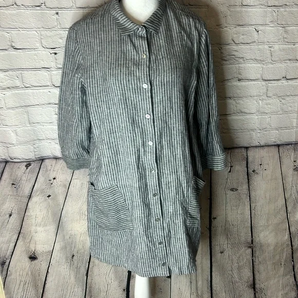 chinese dress ladies Standard James Perse Blue and White Striped Linen Button Up Round Hem  The  Saved Collection